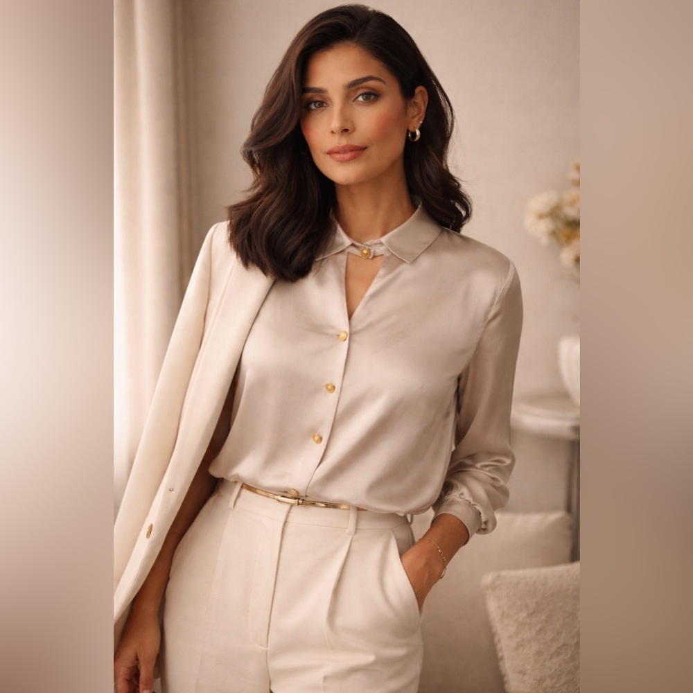 Louis Feraud - Cream Satin Blouse - keyhole neck